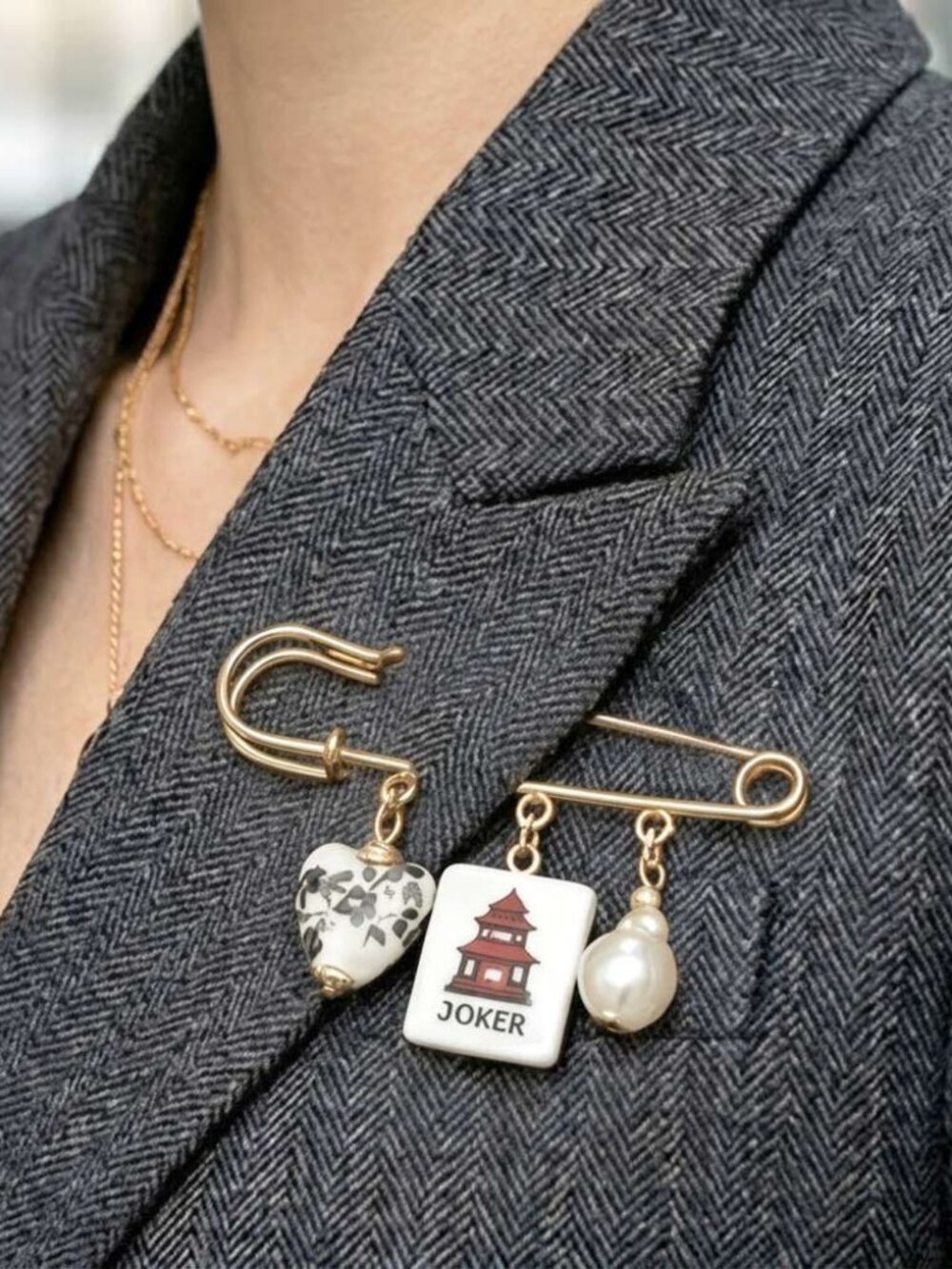 Mahjong Tile Pearl Charm Drop Safety Pin Brooch - Select One